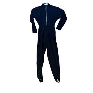 Tape Measure Black Jumpsuit Stirrup Leg Full Zip Mock Neck‎ Bodysuit